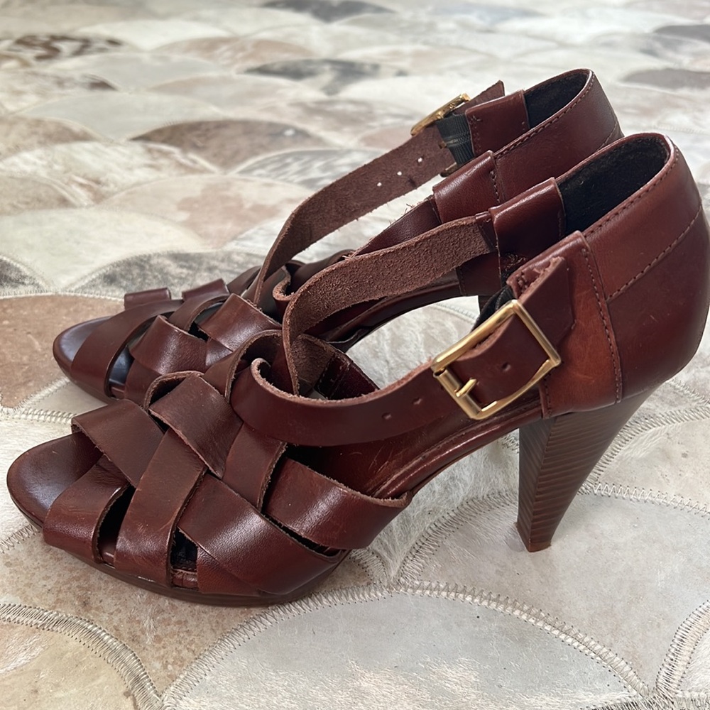 J Crew Brown Leather Woven Fisherman Heeled Sandal Size 9.5